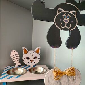 Handmade Wood art Breed of Cat Food container with 2 bowls, food quality.